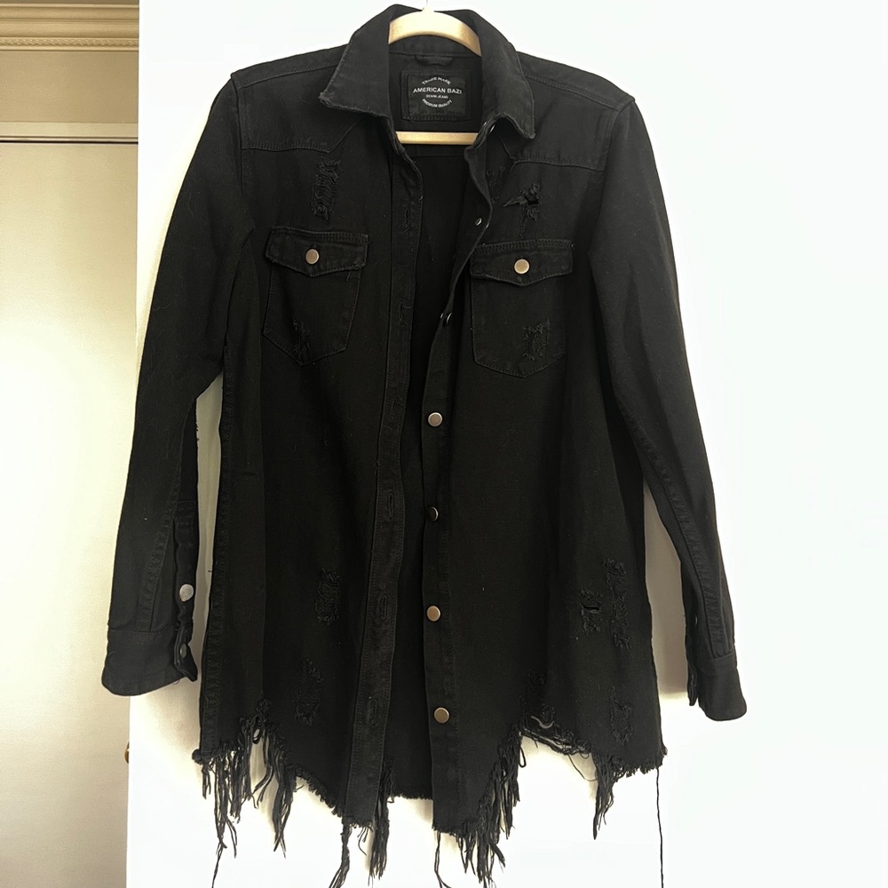 Black distressed denim dress/jacket, worn once